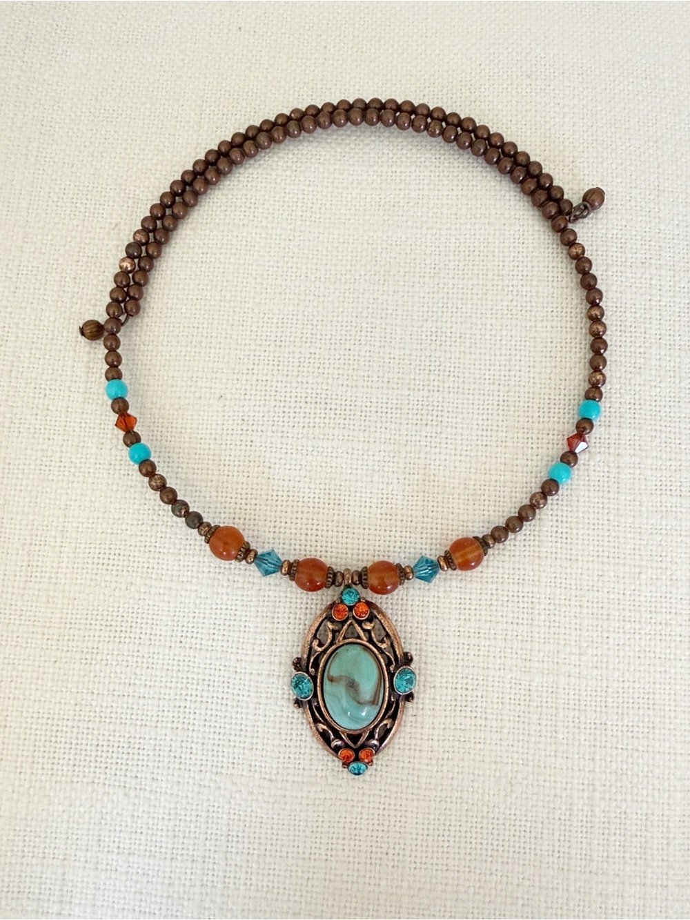 Vintage 90s Western Bohemian Choker Antique Bronze Turquoise & Amber Bead - Picture 3 of 9